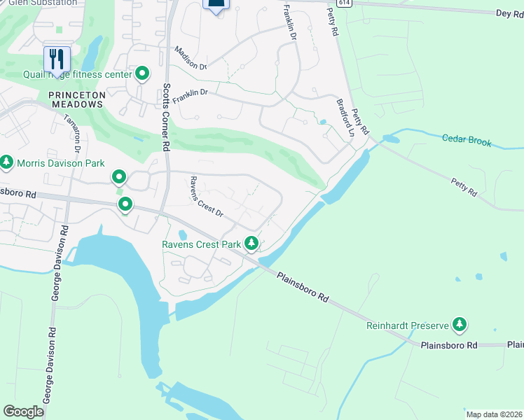 map of restaurants, bars, coffee shops, grocery stores, and more near 4915 Ravens Crest Drive in Princeton Meadows