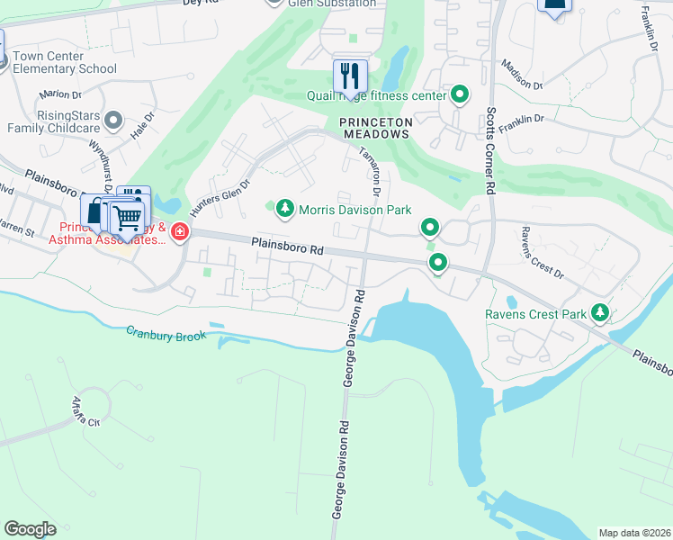 map of restaurants, bars, coffee shops, grocery stores, and more near 2 Thoreau Drive in Plainsboro Township