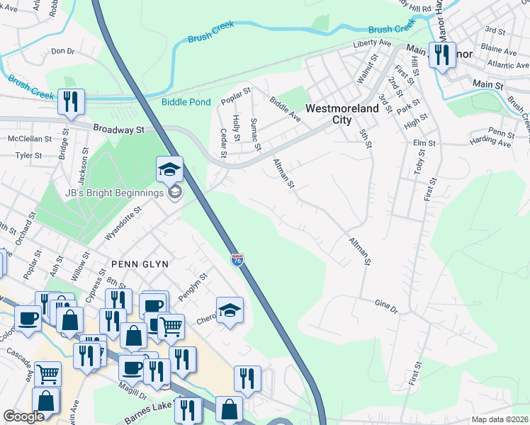 map of restaurants, bars, coffee shops, grocery stores, and more near 930 Castleview Drive in Irwin