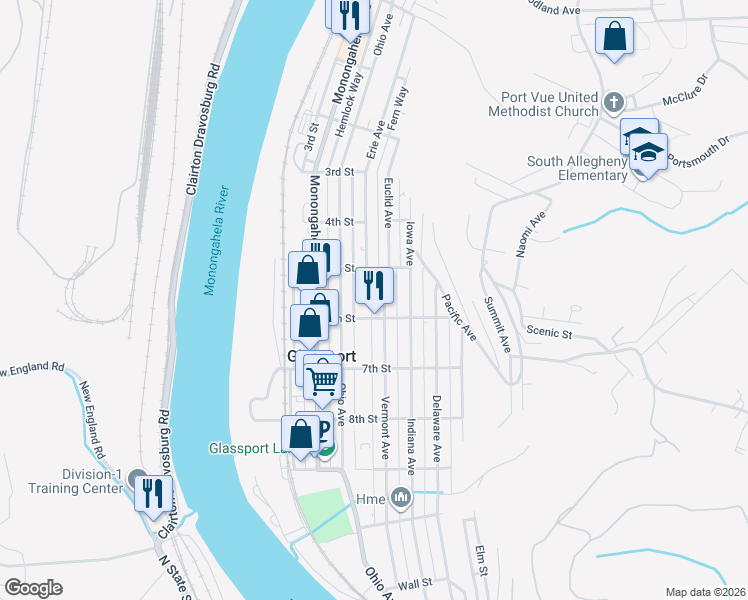 map of restaurants, bars, coffee shops, grocery stores, and more near 424 6th Street in Glassport