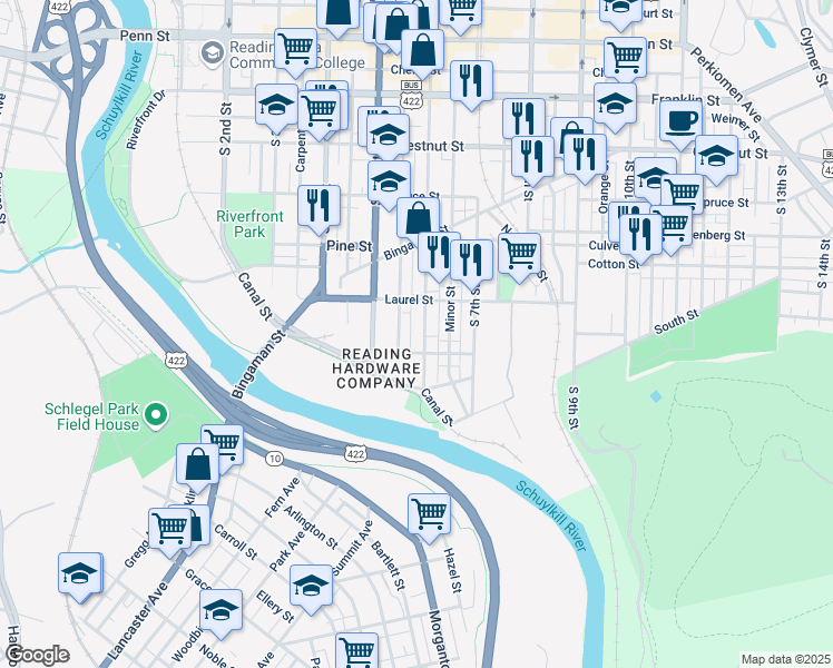 map of restaurants, bars, coffee shops, grocery stores, and more near 522 Willow Street in Reading