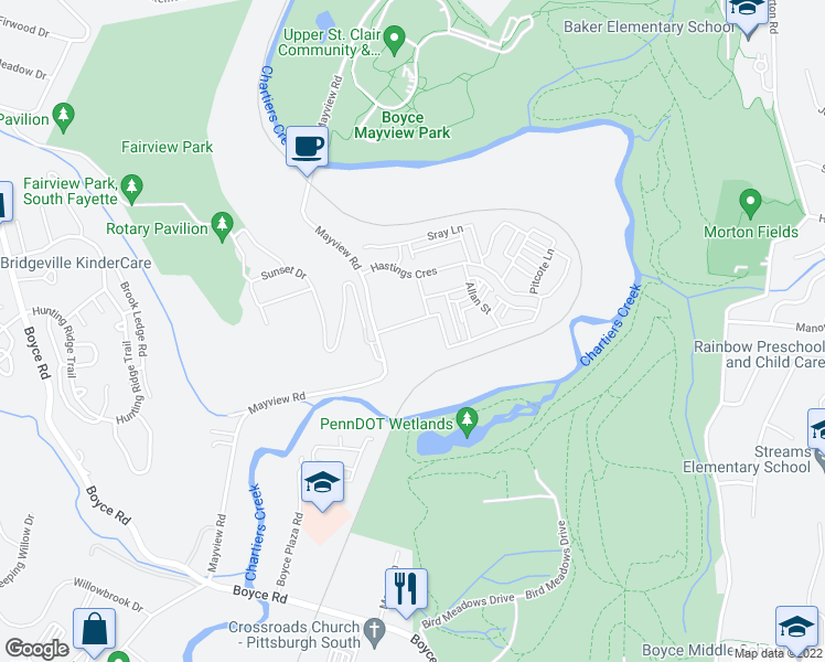 map of restaurants, bars, coffee shops, grocery stores, and more near 1001 Hastings Park Drive in Bridgeville