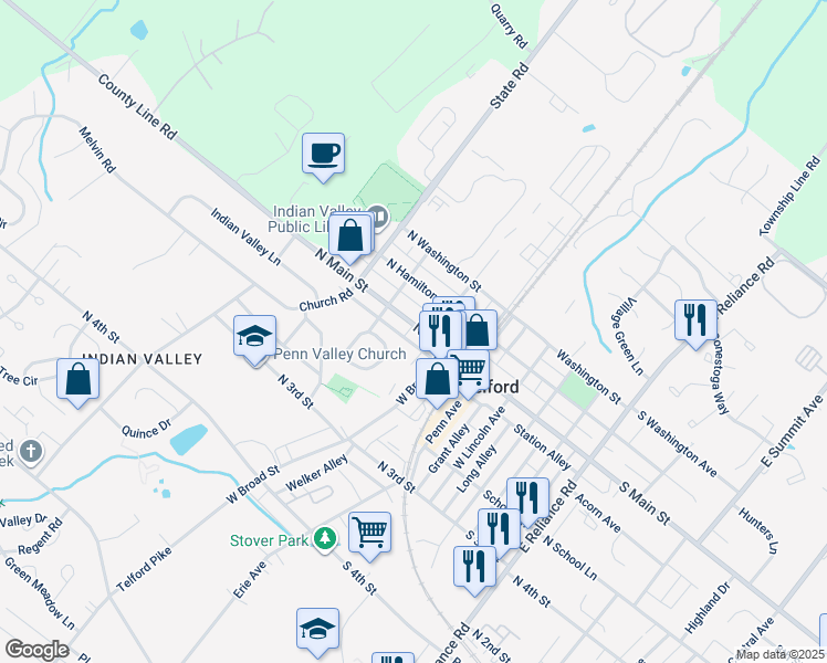 map of restaurants, bars, coffee shops, grocery stores, and more near 244 North Main Street in Telford