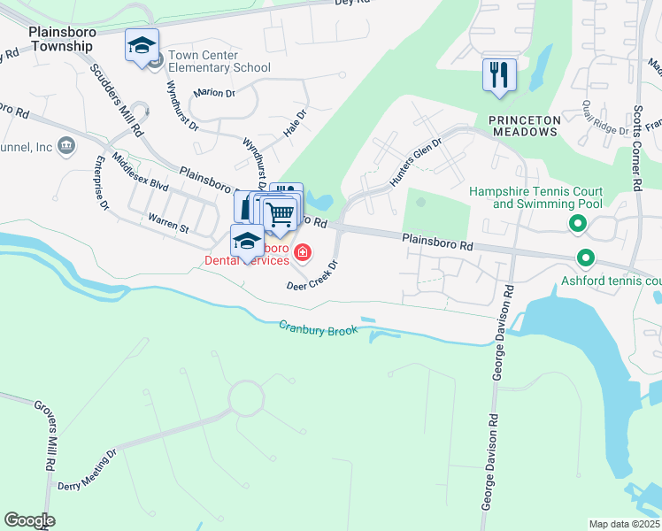 map of restaurants, bars, coffee shops, grocery stores, and more near 1426 Deer Creek Drive in Princeton Meadows