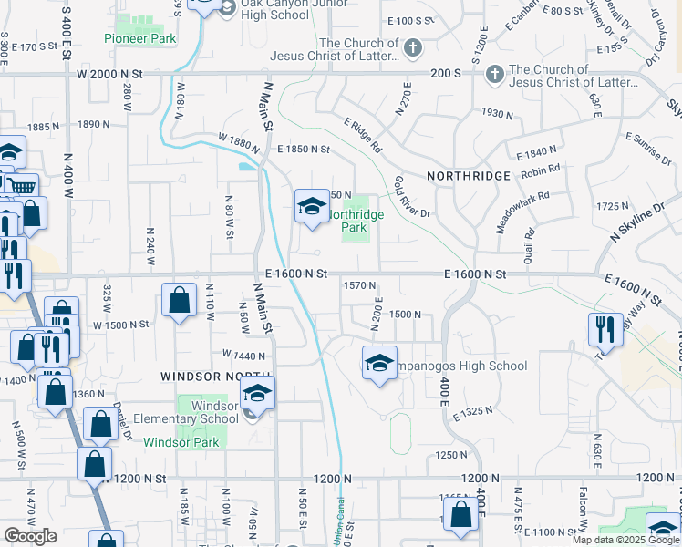 map of restaurants, bars, coffee shops, grocery stores, and more near 139 East 1600 North Street in Orem