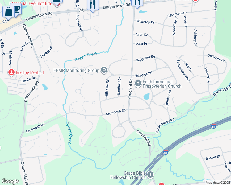 map of restaurants, bars, coffee shops, grocery stores, and more near 1802 Eastfield Drive in Harrisburg