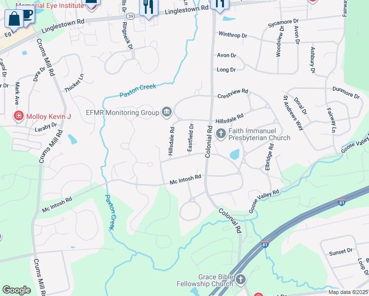 map of restaurants, bars, coffee shops, grocery stores, and more near 1802 Eastfield Drive in Harrisburg