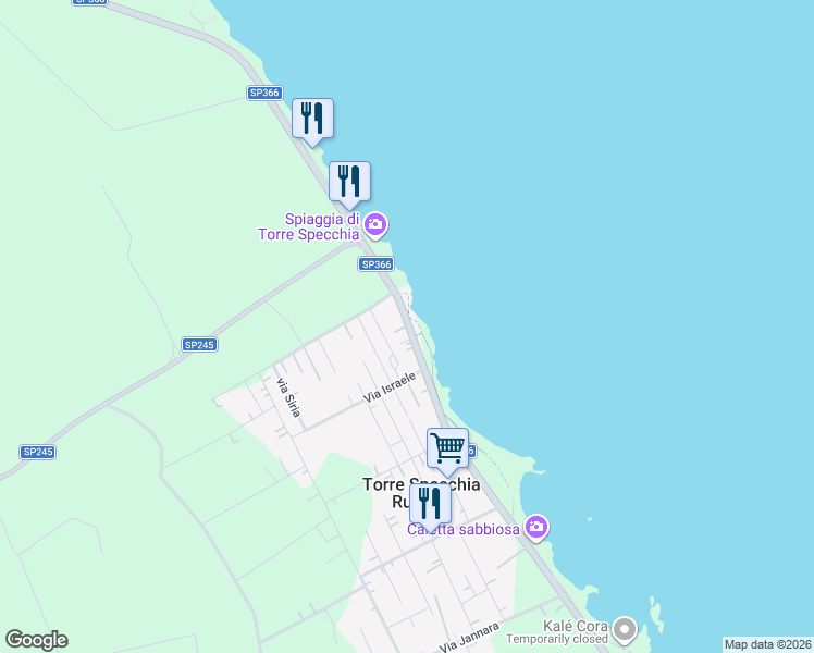 map of restaurants, bars, coffee shops, grocery stores, and more near 63 SP366 in Torre Specchia Ruggeri