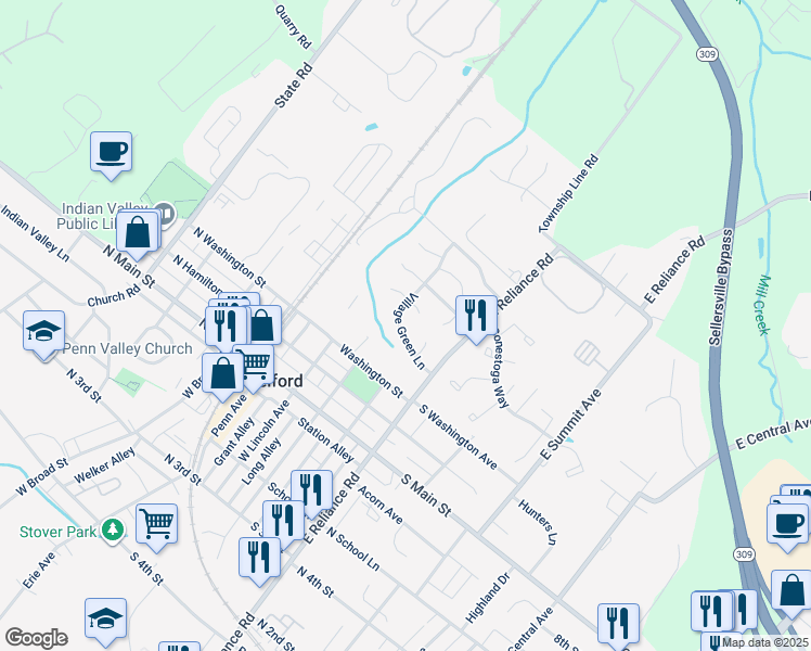 map of restaurants, bars, coffee shops, grocery stores, and more near 211 Village Green Lane in Telford
