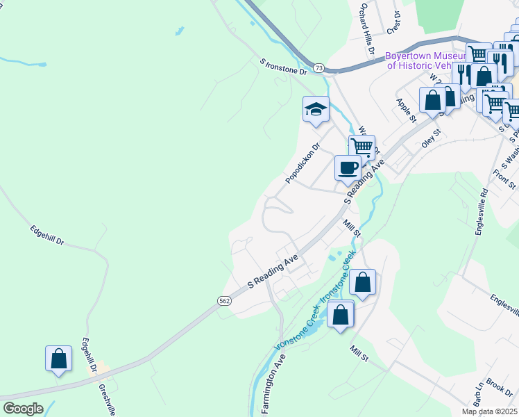 map of restaurants, bars, coffee shops, grocery stores, and more near 167 Village Drive in Boyertown
