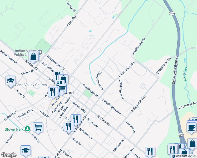 map of restaurants, bars, coffee shops, grocery stores, and more near 211 Village Green Lane in Telford