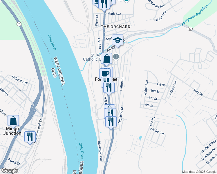 map of restaurants, bars, coffee shops, grocery stores, and more near 798 Rose Alley in Follansbee