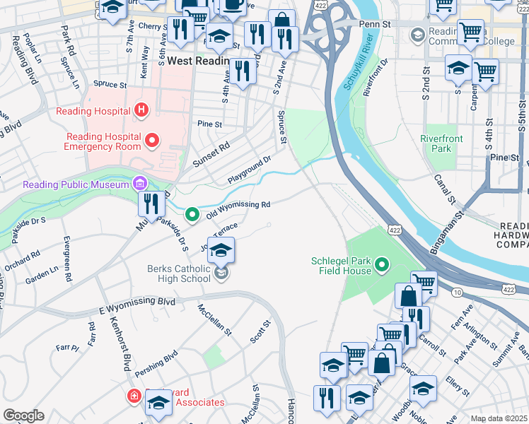 map of restaurants, bars, coffee shops, grocery stores, and more near 718 Old Wyomissing Road in Reading