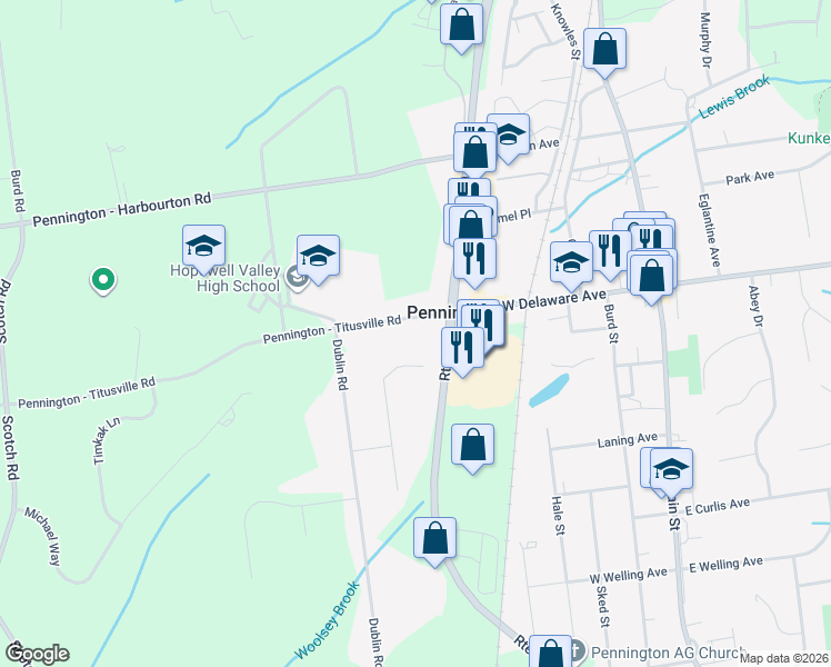 map of restaurants, bars, coffee shops, grocery stores, and more near 6 Morningside Drive in Pennington