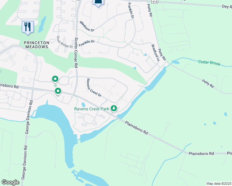 map of restaurants, bars, coffee shops, grocery stores, and more near 4915 Ravens Crest Drive in Princeton Meadows