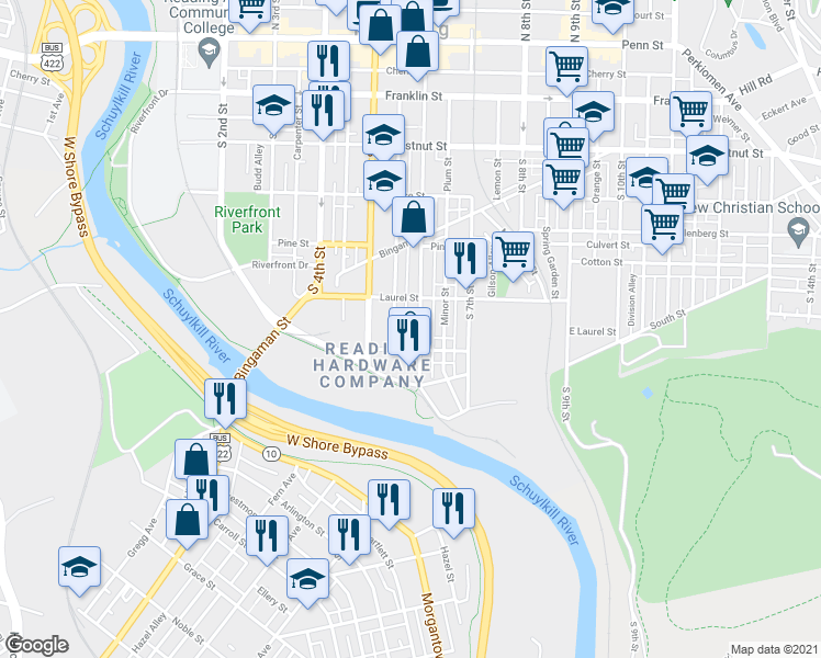 map of restaurants, bars, coffee shops, grocery stores, and more near 522 Willow Street in Reading