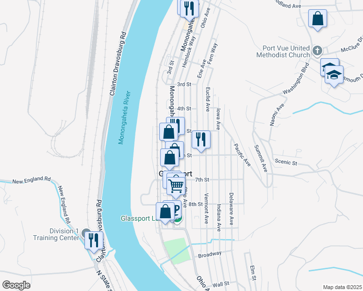 map of restaurants, bars, coffee shops, grocery stores, and more near 600 Ohio Avenue in Glassport