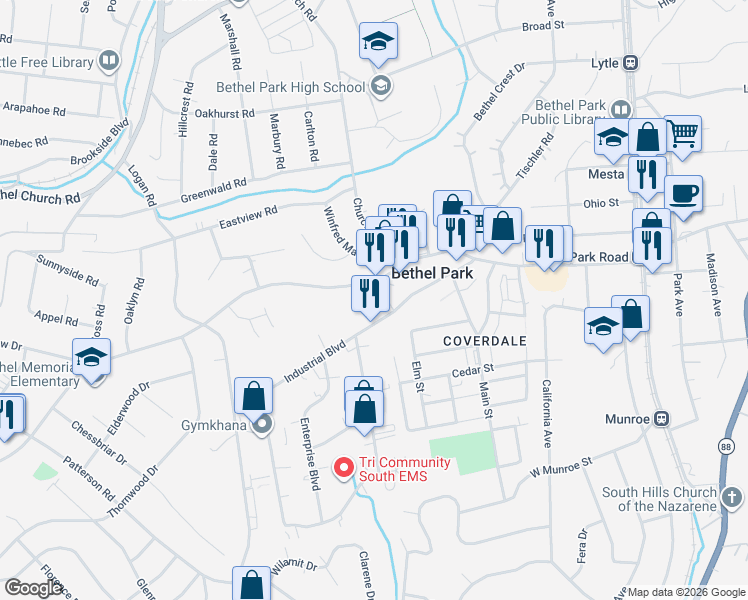 map of restaurants, bars, coffee shops, grocery stores, and more near 2991 Industrial Boulevard in Bethel Park
