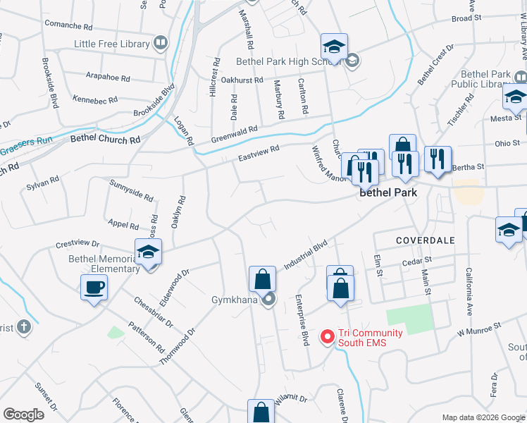 map of restaurants, bars, coffee shops, grocery stores, and more near 101 Kendall Lane in Bethel Park