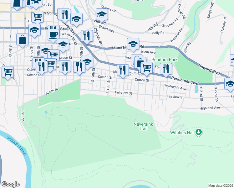 map of restaurants, bars, coffee shops, grocery stores, and more near 1528 Fairview Street in Reading
