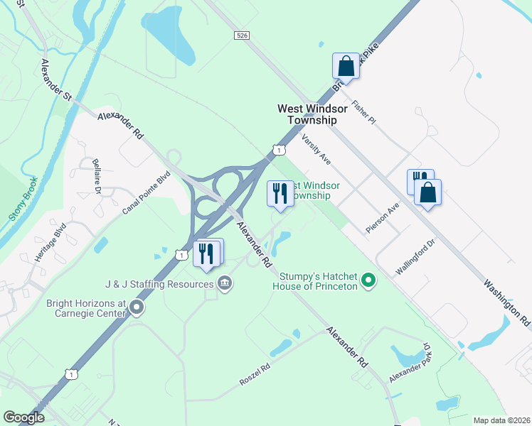 map of restaurants, bars, coffee shops, grocery stores, and more near 1 University Square Drive in Princeton