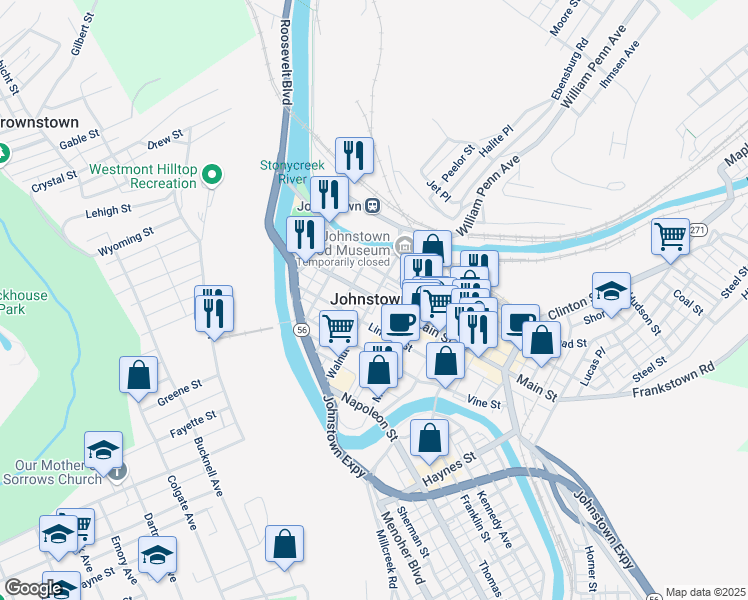map of restaurants, bars, coffee shops, grocery stores, and more near Walnut Street in Johnstown