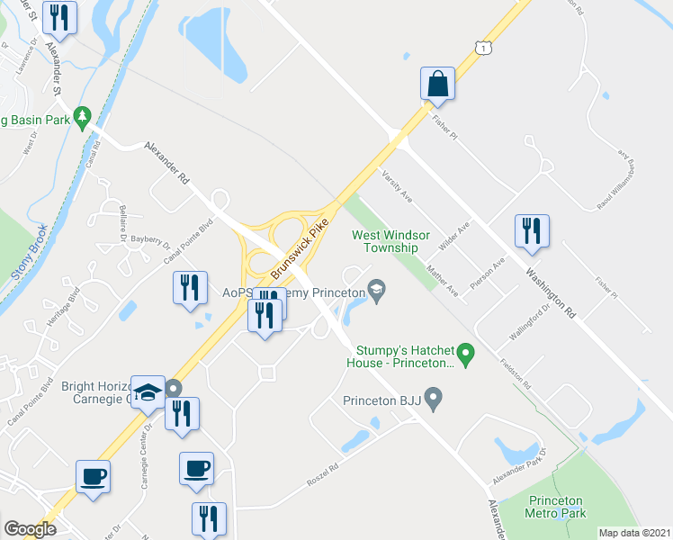 map of restaurants, bars, coffee shops, grocery stores, and more near 1 University Square Drive in Princeton