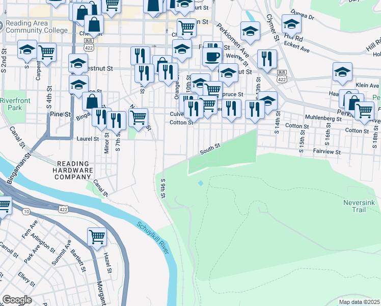 map of restaurants, bars, coffee shops, grocery stores, and more near 629 South 10th Street in Reading