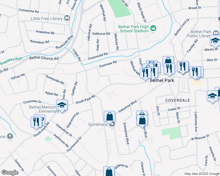 map of restaurants, bars, coffee shops, grocery stores, and more near 101 Kendall Lane in Bethel Park