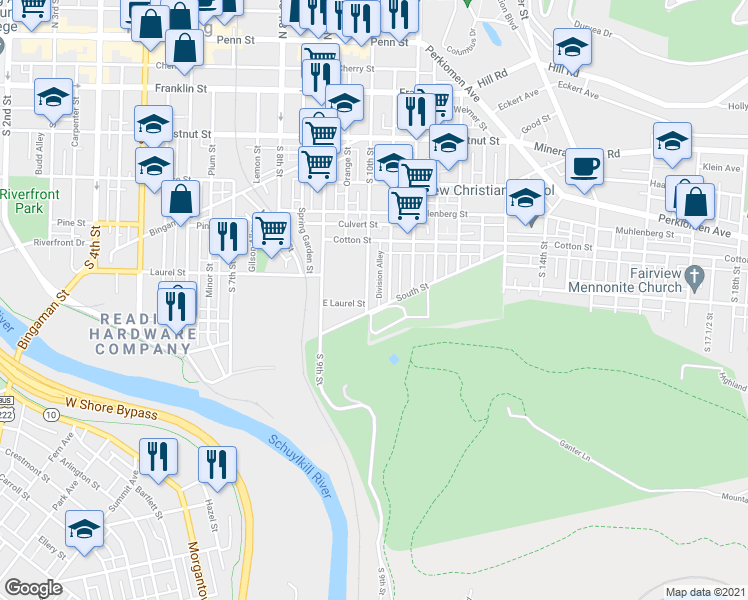 map of restaurants, bars, coffee shops, grocery stores, and more near 629 South 10th Street in Reading