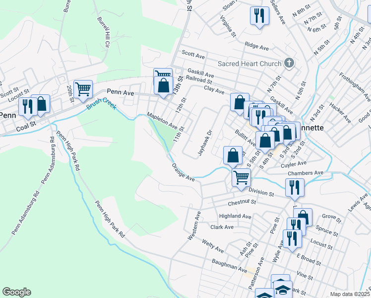 map of restaurants, bars, coffee shops, grocery stores, and more near 110 Jayhawk Drive in Jeannette