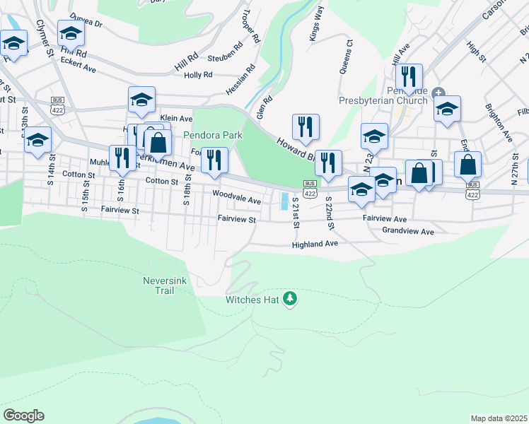 map of restaurants, bars, coffee shops, grocery stores, and more near 1954 Fairview Avenue in Mount Penn