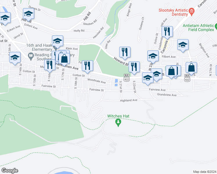 map of restaurants, bars, coffee shops, grocery stores, and more near 114 South 20th Street in Mount Penn