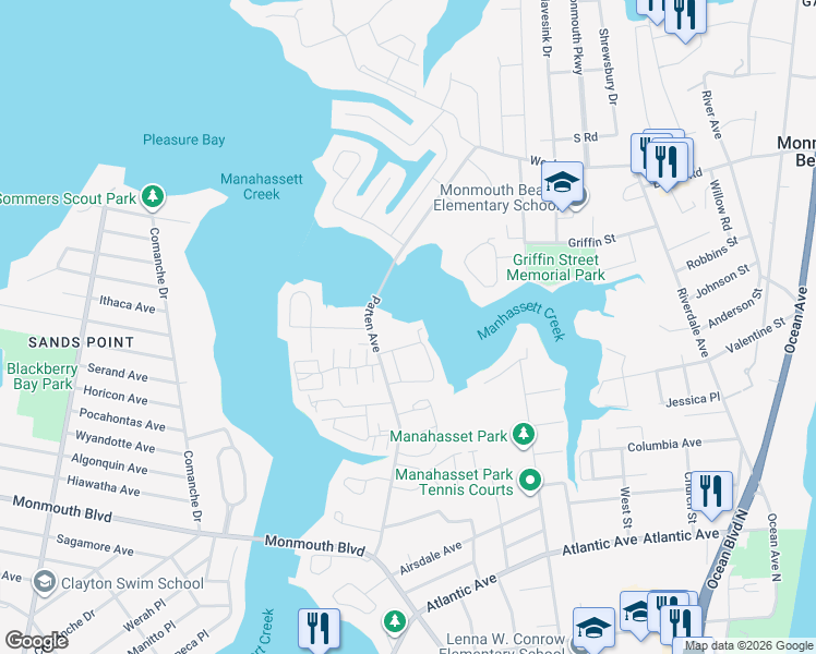 map of restaurants, bars, coffee shops, grocery stores, and more near 178 Riddle Avenue in Long Branch