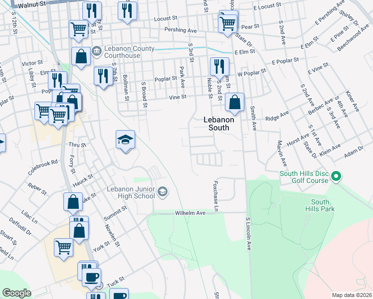 map of restaurants, bars, coffee shops, grocery stores, and more near 1101 South 3rd Street in Lebanon