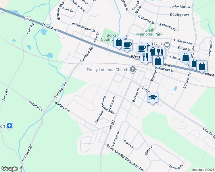 map of restaurants, bars, coffee shops, grocery stores, and more near 328 Wernersville Boulevard in Wernersville