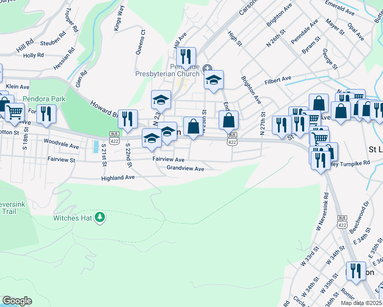 map of restaurants, bars, coffee shops, grocery stores, and more near 19 Pennwyn Terrace in Mount Penn
