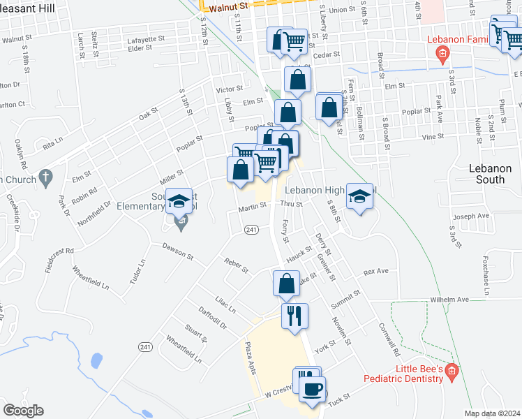 map of restaurants, bars, coffee shops, grocery stores, and more near 1018 Martin Street in Lebanon