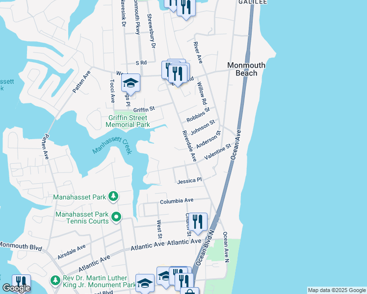 map of restaurants, bars, coffee shops, grocery stores, and more near 20 Johnson Street in Monmouth Beach