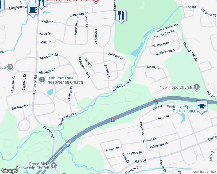map of restaurants, bars, coffee shops, grocery stores, and more near 2053 Fairway Lane in Harrisburg