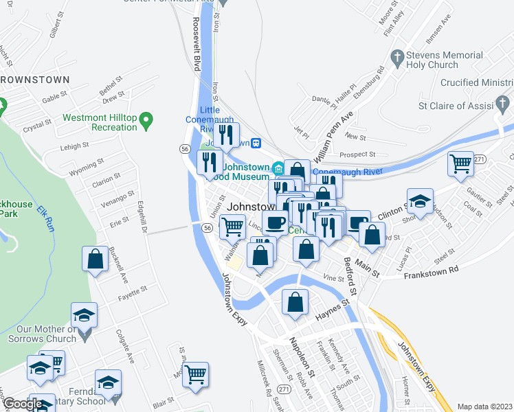 map of restaurants, bars, coffee shops, grocery stores, and more near Walnut Street in Johnstown