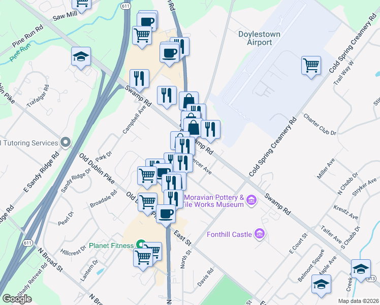 map of restaurants, bars, coffee shops, grocery stores, and more near 695 North Main Street in Doylestown