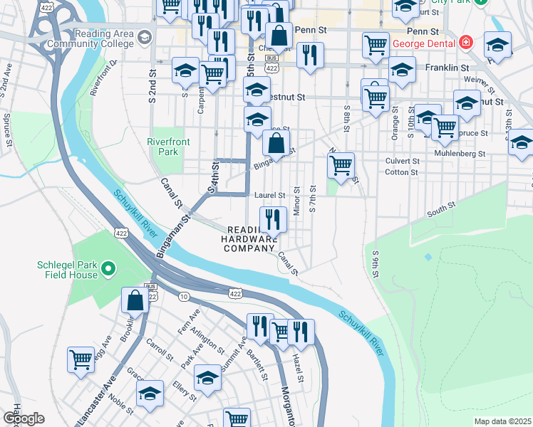 map of restaurants, bars, coffee shops, grocery stores, and more near 530 Laurel Street in Reading