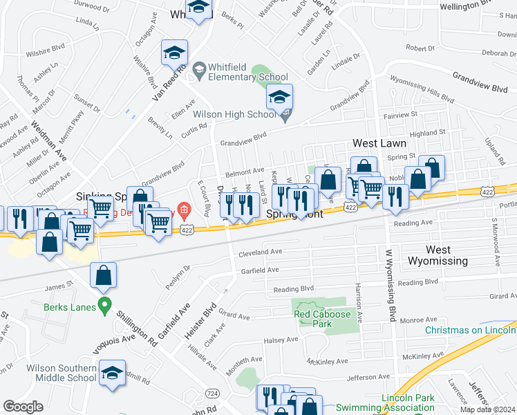 map of restaurants, bars, coffee shops, grocery stores, and more near 42 Laird Street in West Lawn