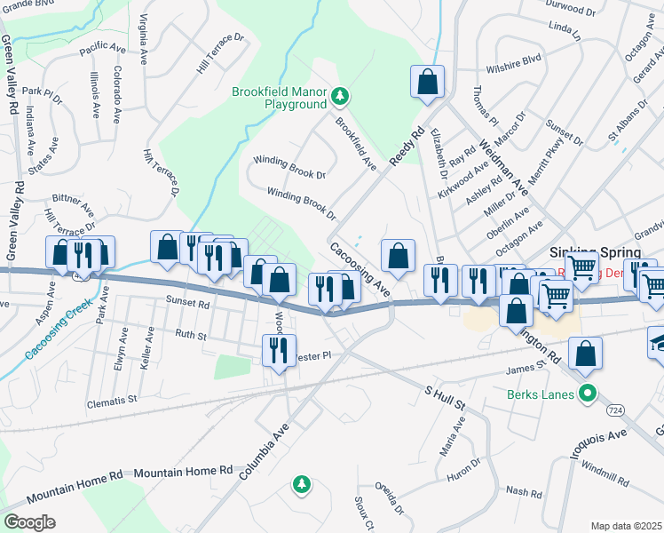 map of restaurants, bars, coffee shops, grocery stores, and more near 48 North Hull Street in Sinking Spring