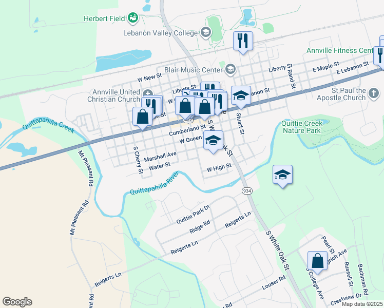map of restaurants, bars, coffee shops, grocery stores, and more near 118 South Lancaster Street in Annville