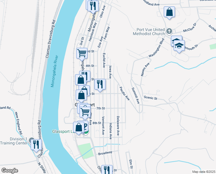 map of restaurants, bars, coffee shops, grocery stores, and more near 414 5th Street in Glassport