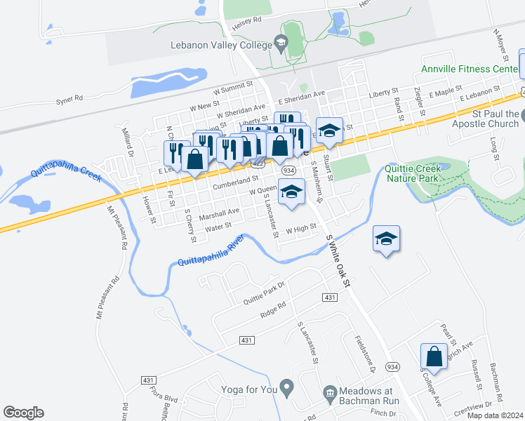 map of restaurants, bars, coffee shops, grocery stores, and more near 118 South Lancaster Street in Annville