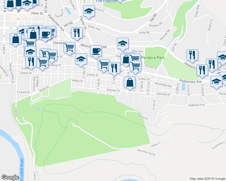 map of restaurants, bars, coffee shops, grocery stores, and more near 1598 Fairview Street in Reading