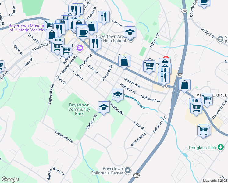 map of restaurants, bars, coffee shops, grocery stores, and more near 537 East 3rd Street in Boyertown